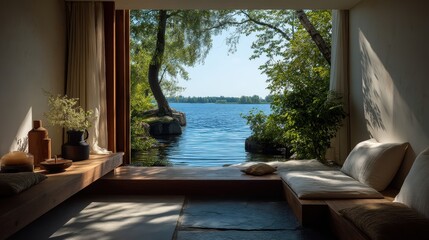 Fototapeta premium Minimalist hotel space with low bed, linen curtains, and view of a lake surrounded by trees and clear blue summer sky