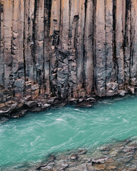 Aerial view of basalt column formations at Studlagil Canyon, East Iceland...