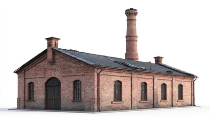 Fototapeta premium Old brick factory building with tall chimney, isolated on white background --chaos 20