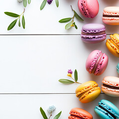 Colorful macaroons arranged with leaves and flowers