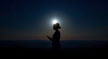 Serene night woman silhouetted moonlit landscape breathtaking view starlit sky magical moment