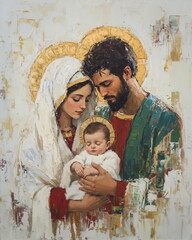 Virgin Mary and Saint Joseph holding baby Jesus Christ. Old classic oil painting of Holy family with gold halos.Holy family painted portrait © Milan