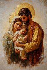 Mary and Joseph holding baby Jesus Christ. Classic painting of Holy family with golden halos. Fresco with Maria, Joseph and Jesus. For vertical card, banner, religious Christian print © Milan