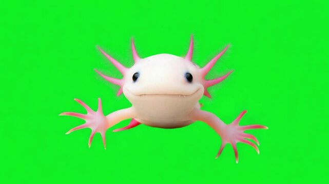 Cute and Playful Axolotl Swimming with Bright Pink Frills on a Vibrant Green Background