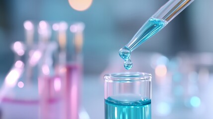 Colorful liquid experiments in laboratory with pipette dropping blue solution into glass container