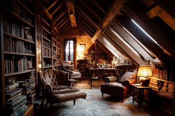 Cozy attic library with antique books and warm lighting.
