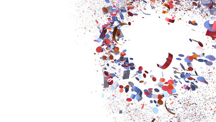 Festive celebration background with red, blue, and orange confetti. Perfect for party invitations or celebratory designs.