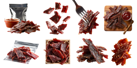 Set of meat jerky, beef pork chicken turkey, sealed plastic pack, flying, fork, serve board, bbq sauce, box, bundle sliced pile stack on transparent cutout PNG. Mockup template design	

