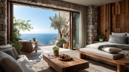 Sleek boutique hotel suite with natural wood and linen textures, wide open balcony showing Mediterranean coastline and sunshine