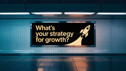 Subway billboard with rocket and "What’s your strategy for growth?" text – startup launch, business marketing, public message
