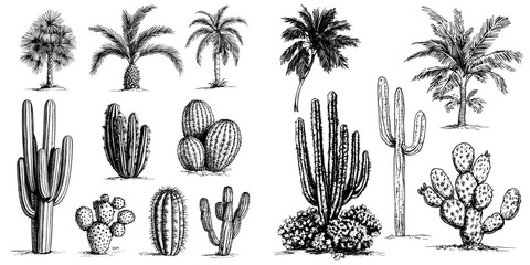 Fototapeta na wymiar Vintage hand-drawn illustrations feature cactus and succulents in an engraving style, with sketches of floral objects isolated on a white background for design purposes