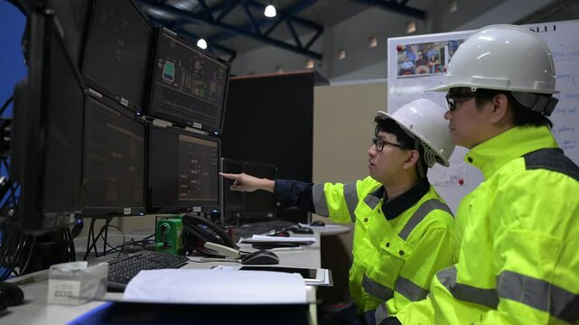 Engineer working at control room,Manager control system,Technician man monitoring program from a lot of monitor,Consultation on system failure issues