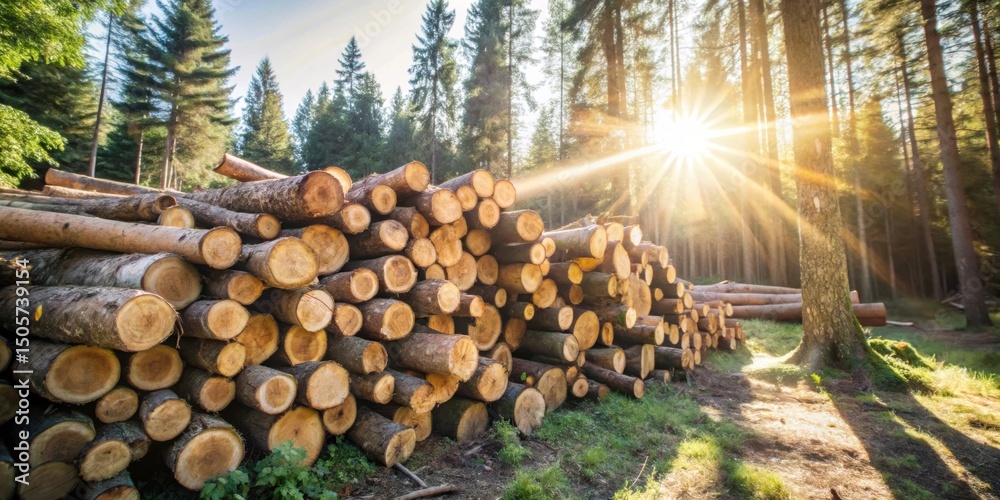 Poster a stack of cut logs bathed in the golden light of the setting sun in a dense forest