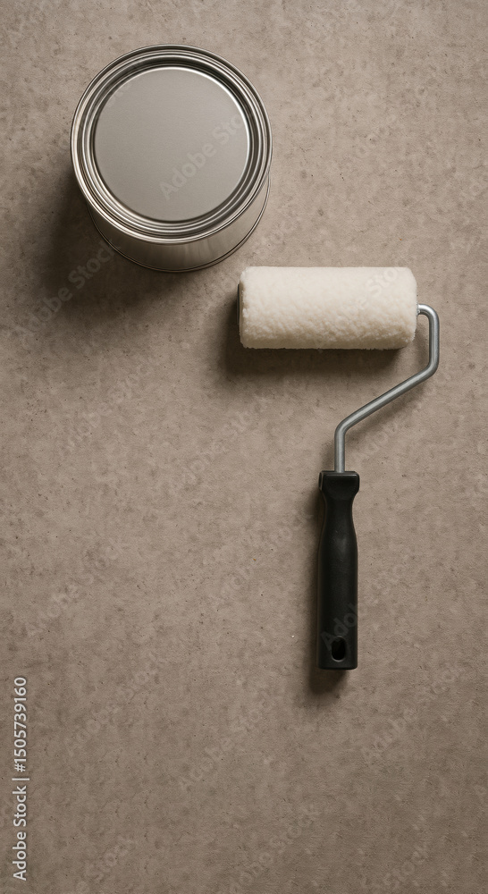Aufkleber preparation for home painting project with a roller and can of paint on a neutral surface