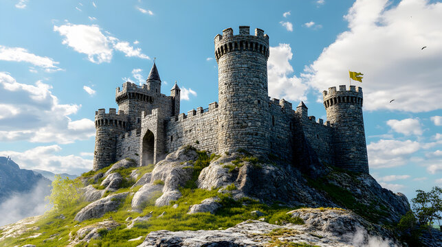 Ancient stone architecture: a historic European mountain castle or medieval Scottish fortress
