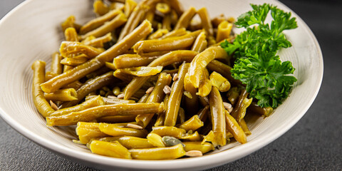 Green beans canned vegetables green string beans fresh delicious gourmet food background on the table rustic food top view copy space keto and paleo diet vegan and vegetarian food