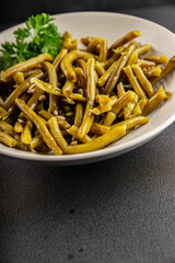 Green beans canned vegetables green string beans fresh delicious gourmet food background on the table rustic food top view copy space keto and paleo diet vegan and vegetarian food