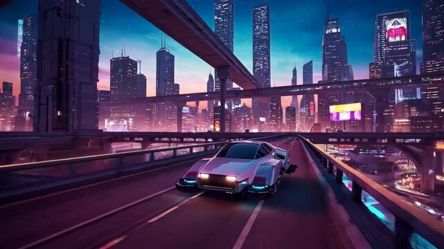 Futuristic cityscape with hover car driving under illuminated skyscrapers  