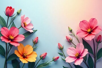 Colorful blooms surround a minimalist abstract background , floral, abstract
