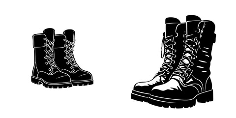 A bold and powerful silhouette of military combat boots is depicted in the Military Boots Icon, characterized by its classic lace-up design, rugged construction, and durable soles, which symbolize