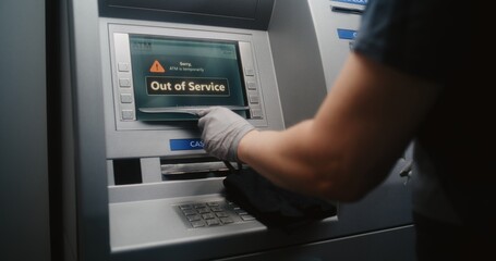 Cleaner, Cleaning Service Specialist Wiping Out of Service ATM with Microfiber Cloth, Cleaning Away...
