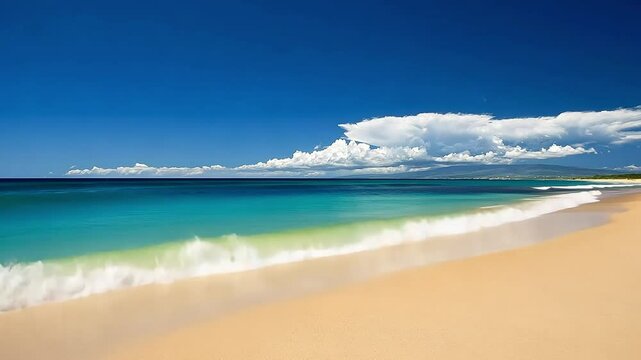 Azure sky, cumulus clouds over turquoise ocean waves gently lapping golden sandy beach