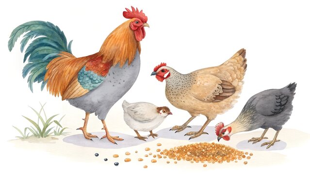 rooster hens and guinea fowls pecking millet watercolor