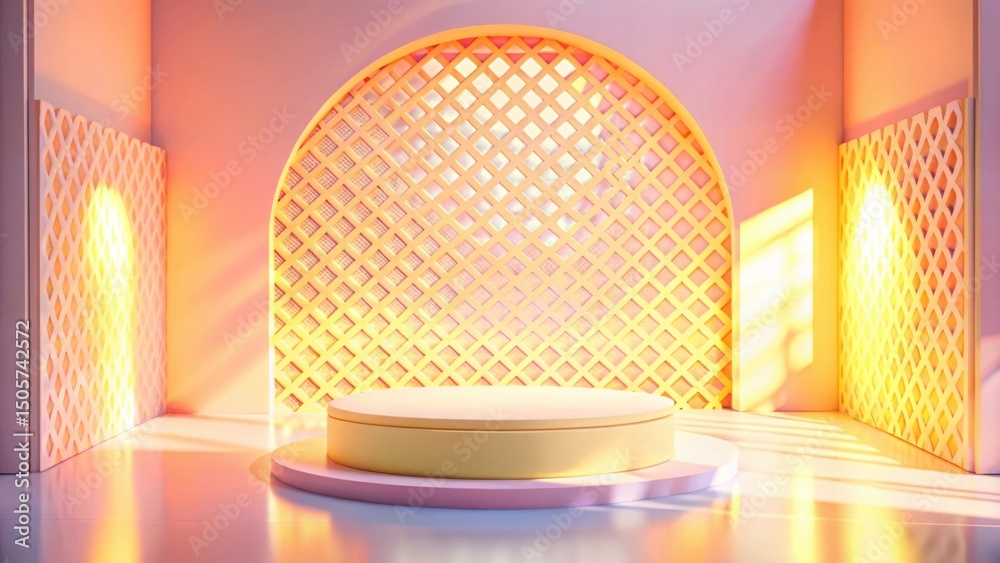Poster A Minimalist Display with a Yellow Platform and Geometric Lattice Walls in a Soft Pink Room