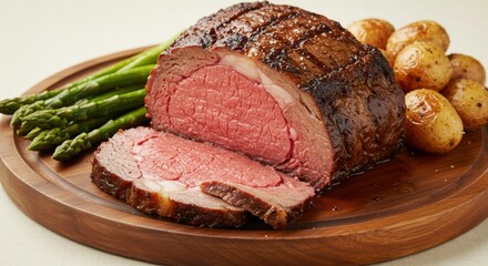 Savor this succulent prime rib roast perfectly seasoned alongside roasted asparagus and potatoes a culinary masterpiece