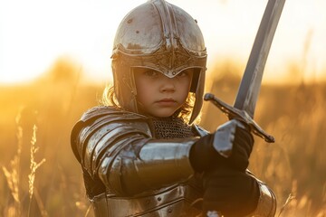 Child dressed as knight in field with sword