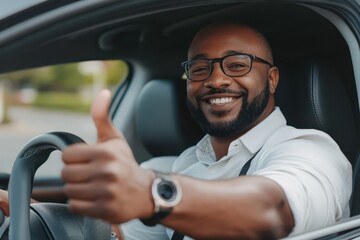 Happy man drives car giving thumbs up gesture