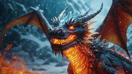 Fiery And Icy Dragon In Flight, Abstract Digital Artwork