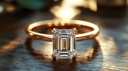 Emerald Cut Diamond Ring on Wooden Surface, Sunlight
