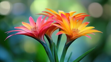 Three vibrant orange and pink flowers with blurred green background.