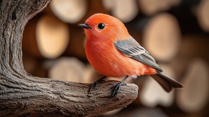 Vivid orange bird perched on a weathered branch, blurred wood background.