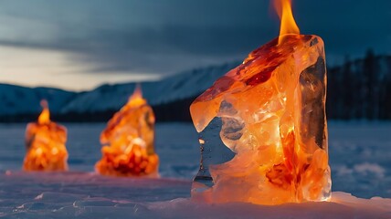 Fiery Flames Emerging from a Luminous Ice Block