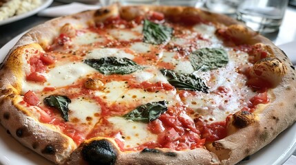 Close-up of Italian Tomato Basil and Cheese Pizza: Captivating Visuals, Fresh Ingredients, and Rustic Culinary Appeal