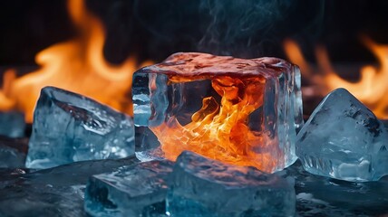 Fiery Flames Emerging from a Luminous Ice Block