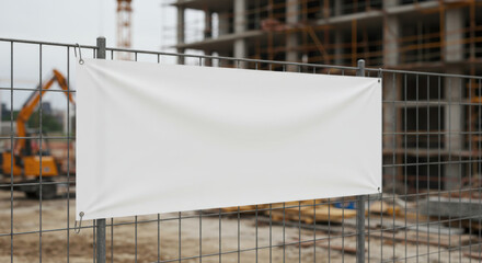 White empty banner on construction fence at building site. Blank textile advertising canvas for mockup design, construction company branding