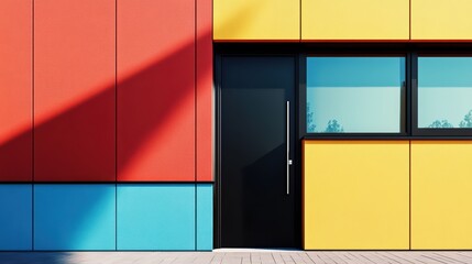 A minimalist black kitchen door with a narrow vertical glass insert