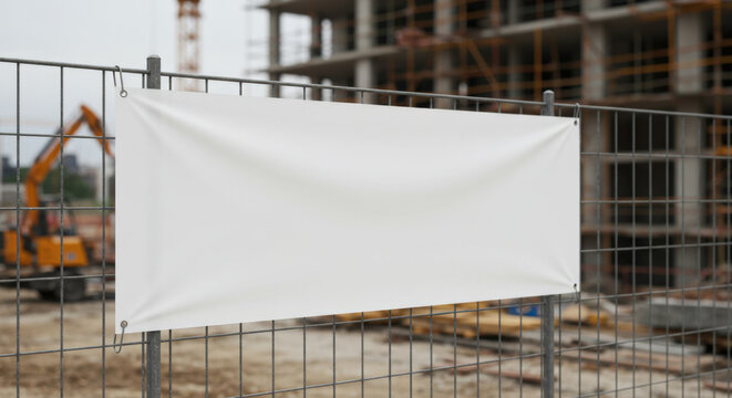 White empty banner on construction fence at building site. Blank textile advertising canvas for mockup design, construction company branding