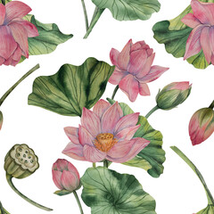 Hand drawn lotus watercolor pattern with blooming pink flowers and green leaves. Watercolor style. Natural palette. Ideal for textile print wallpaper wrapping paper fabric surface design