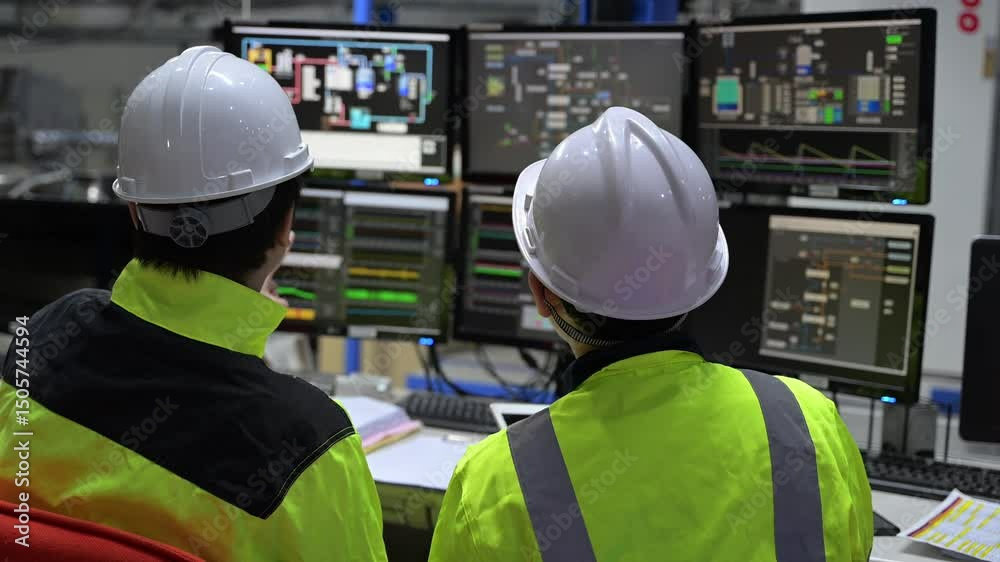 Wall mural engineer working at control room,manager control system,technician man monitoring program from a lot