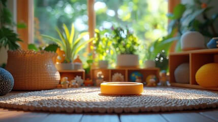 Sunlit room with plants, toys, and a yellow ring on a rug.