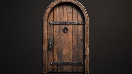 A slightly aged wooden door with a rounded top and black iron hinges