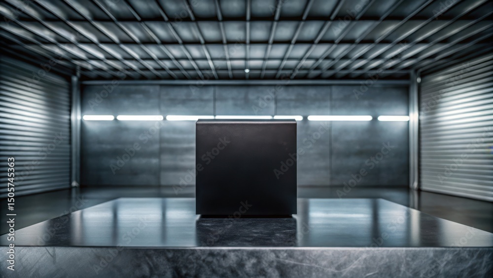 Poster Minimalist Product Display with a Black Cube on a Polished Surface in an Industrial Setting