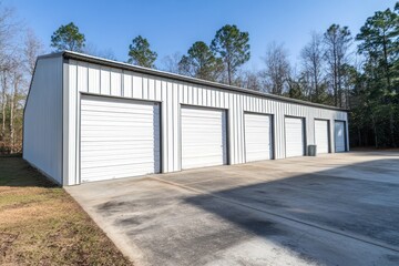white metal commercial building with multiple white garage doors