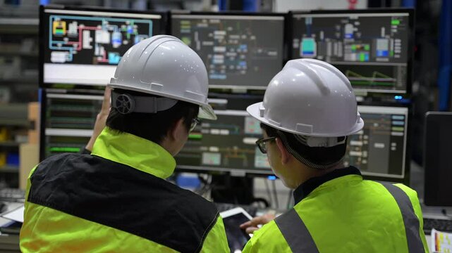 Engineer working at control room,Manager control system,Technician man monitoring program from a lot of monitor,Consultation on system failure issues