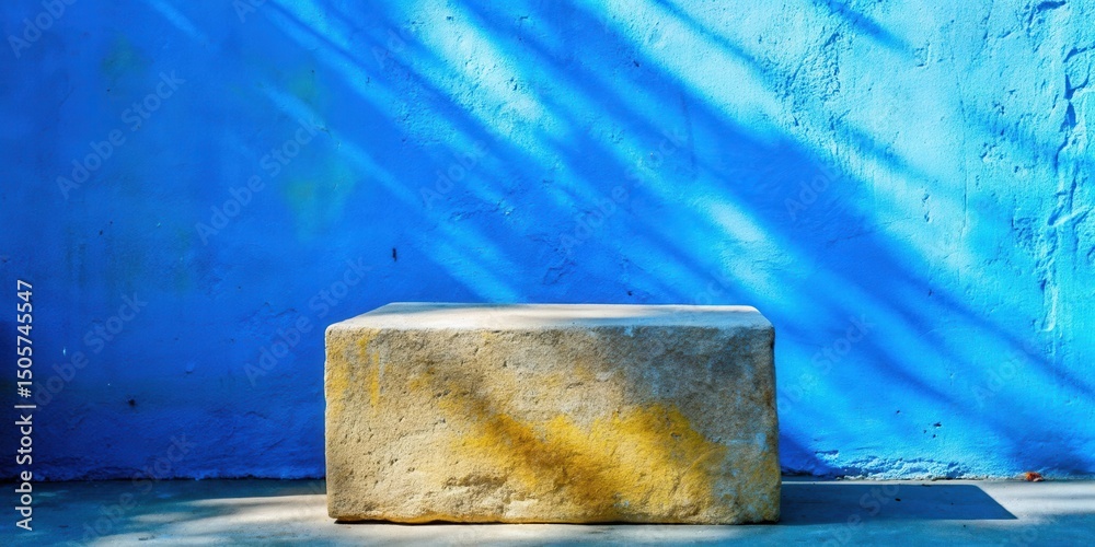 Poster A weathered stone block sits in front of a blue wall with a light blue cast of shadow that is cast by the sun.
