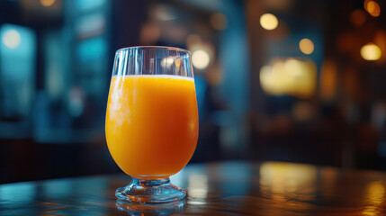 Orange juice in a glass. A wooden table with a glass of orange juice